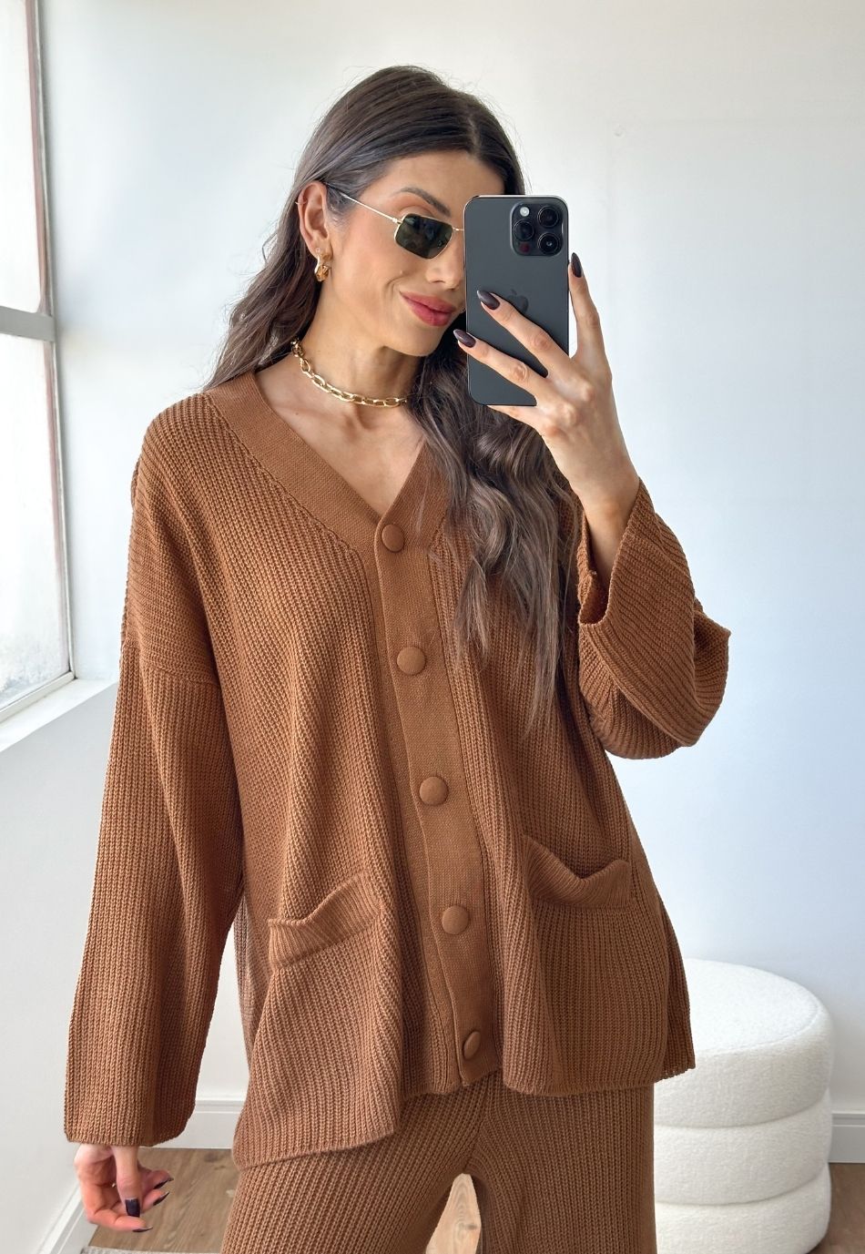 Conjunto Tricô Cardigan e Calça Wide Leg Marrom
