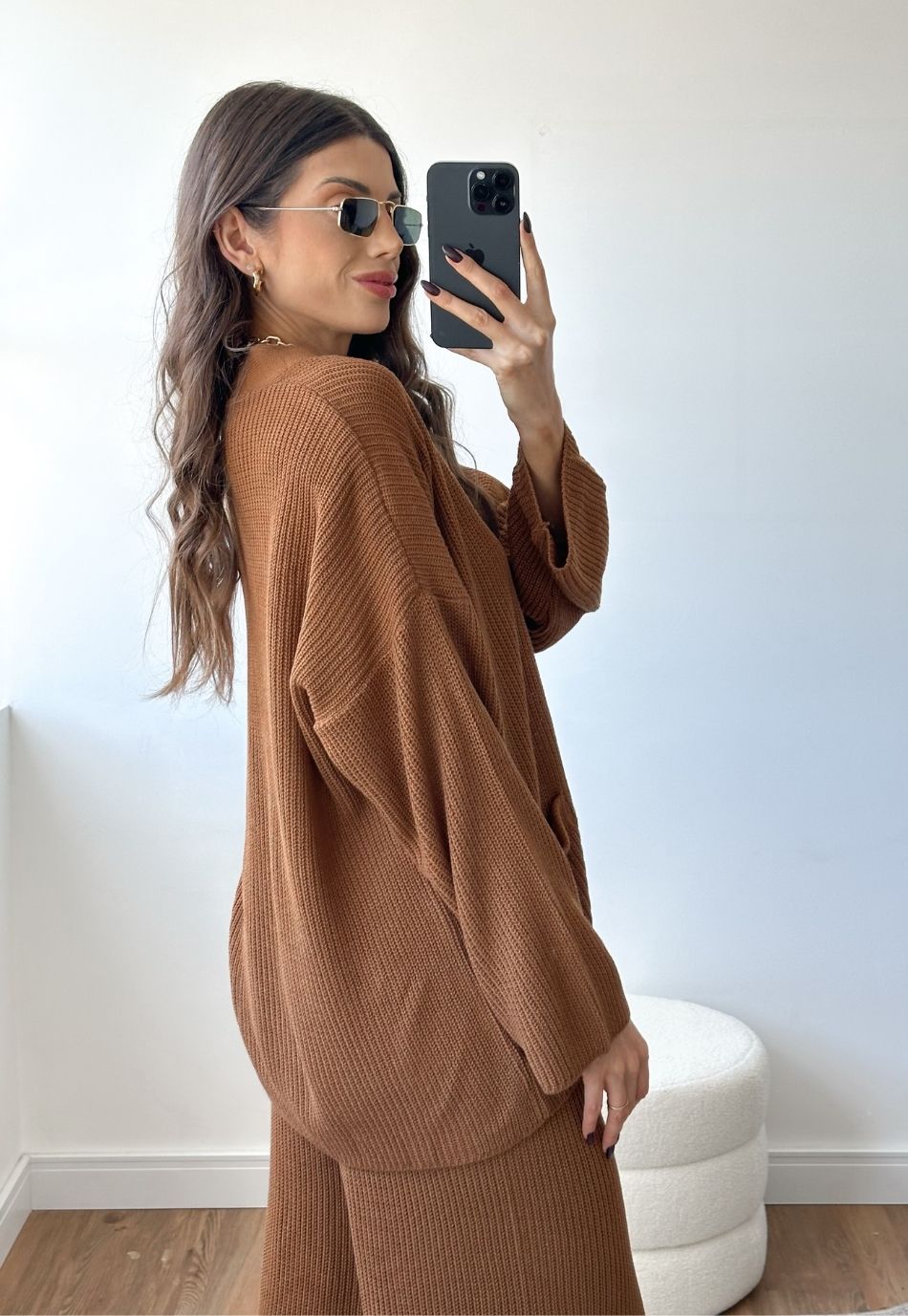 Conjunto Tricô Cardigan e Calça Wide Leg Marrom