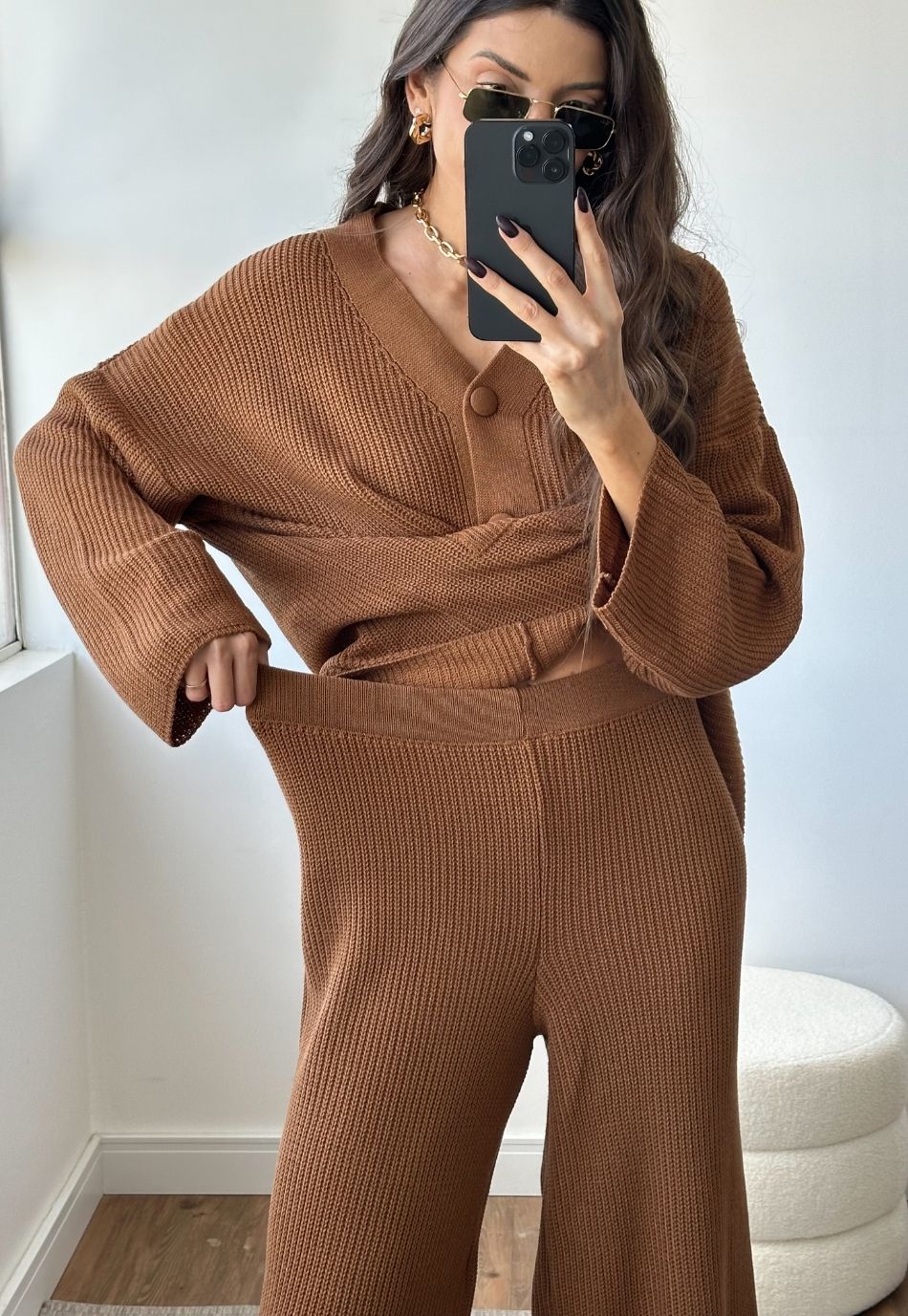 Conjunto Tricô Cardigan e Calça Wide Leg Marrom