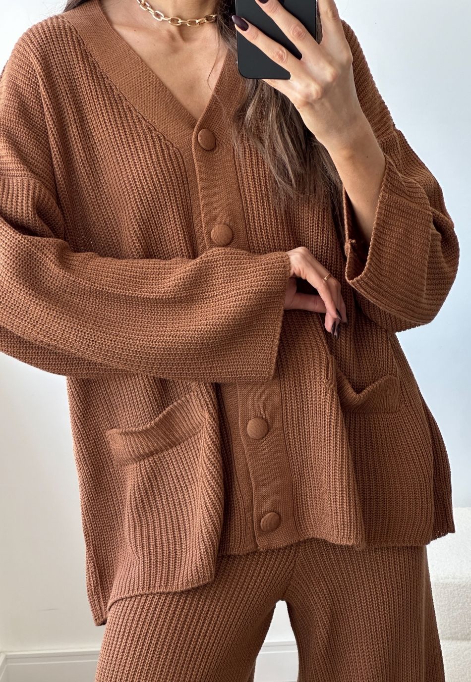 Conjunto Tricô Cardigan e Calça Wide Leg Marrom