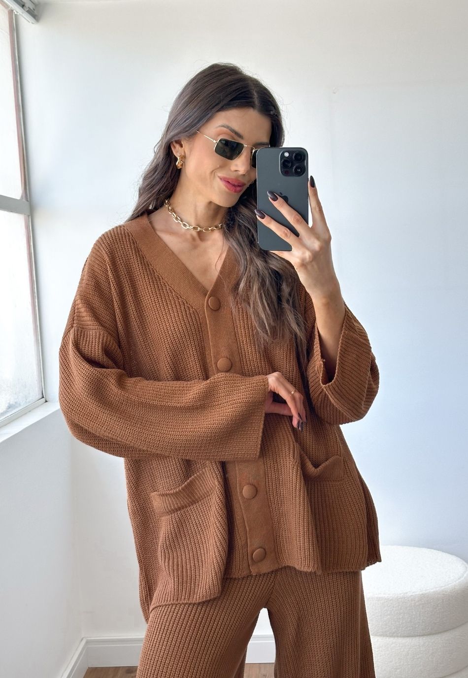 Conjunto Tricô Cardigan e Calça Wide Leg Marrom